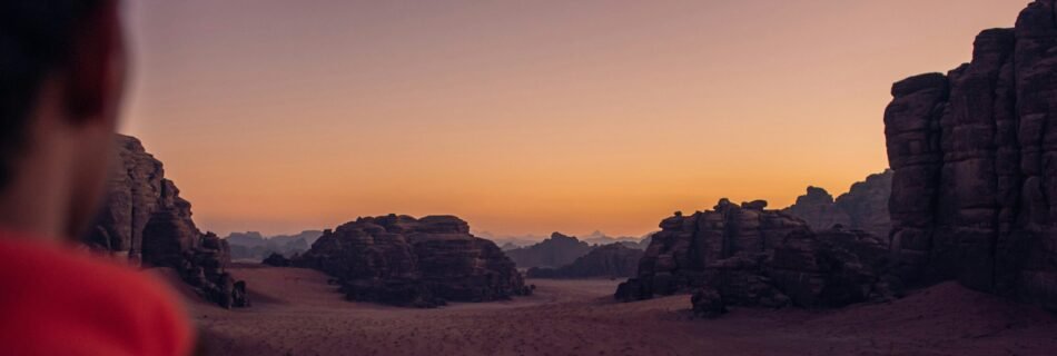 a man in a red shirt is looking at the desert